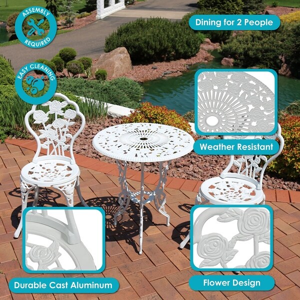 Sunnydaze 3Piece White Flower Designed Cast Aluminum Patio Furniture Bistro Set