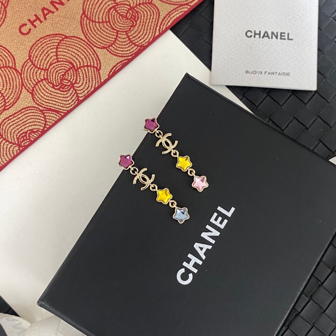 Chanel Colored Diamond Star Double C Tassel Earrings - cnluxepick