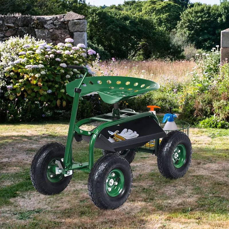 Rolling Garden Work Seat with Tool Tray & Basket – Adjustable Hook Handle