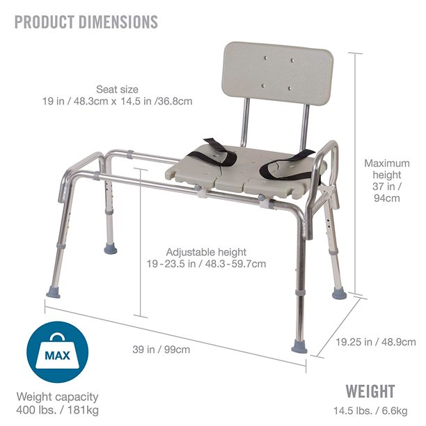 DMI Tub Transfer Bench and Sliding Shower Chair, Heavy Duty Non Slip Aluminum Body and Seat