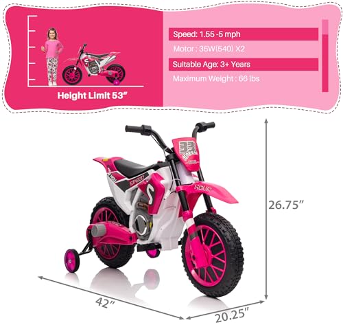 TOBBI Kids Motorcycle Dirt Bike 12V Electric Motorcycles Ride on Toys Battery Powered Motorbike Off-Road Motocross for Toddler Boys Girls 3+Years w/ 2 Speeds, 35W Dual Motors, Training Wheels, Blue