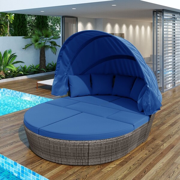 Round Outdoor Daybed Sunbed Sectional Sofa Set with Retractable Canopy Wicker Furniture and Washable Cushions