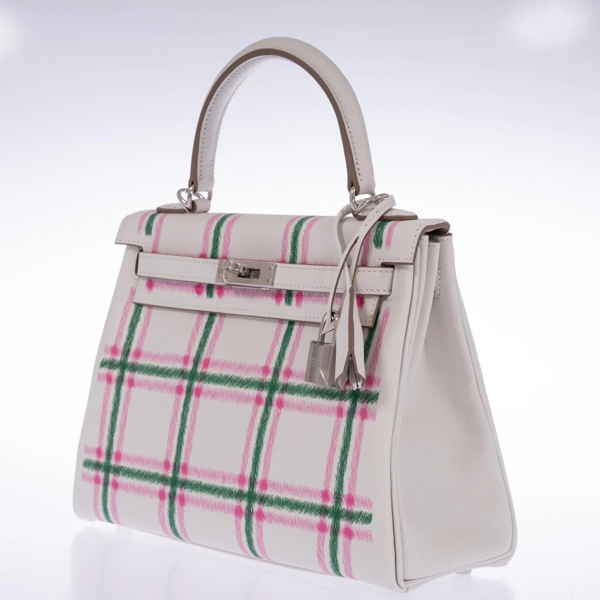 Hermès Kelly 25 Retourne Tartan Light Gris Pale Vert Moyen Bubblegum Swift Palladium Hardware