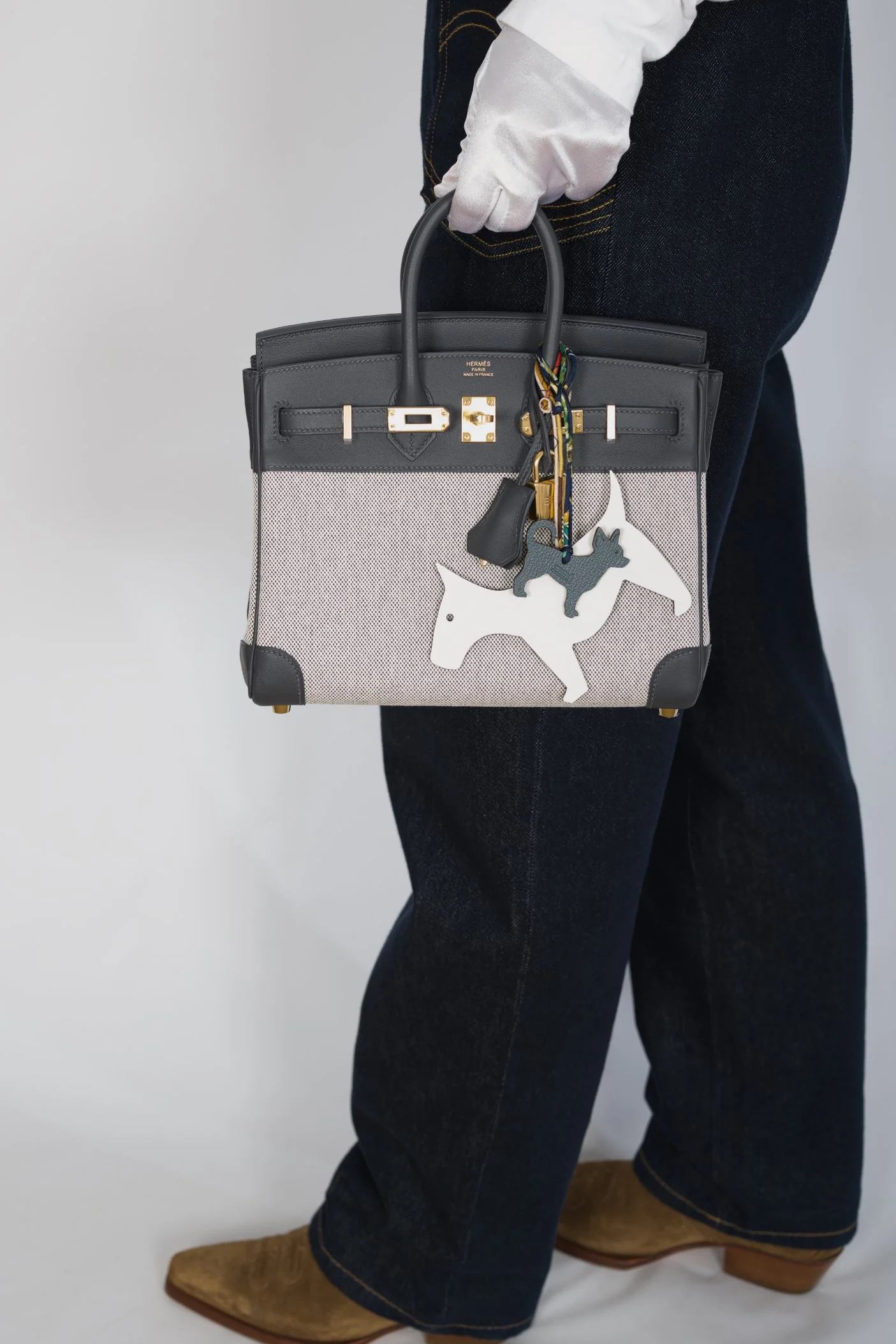 Hermès Birkin 25 Toile H Écru and Ardoise Swift Gold Hardware