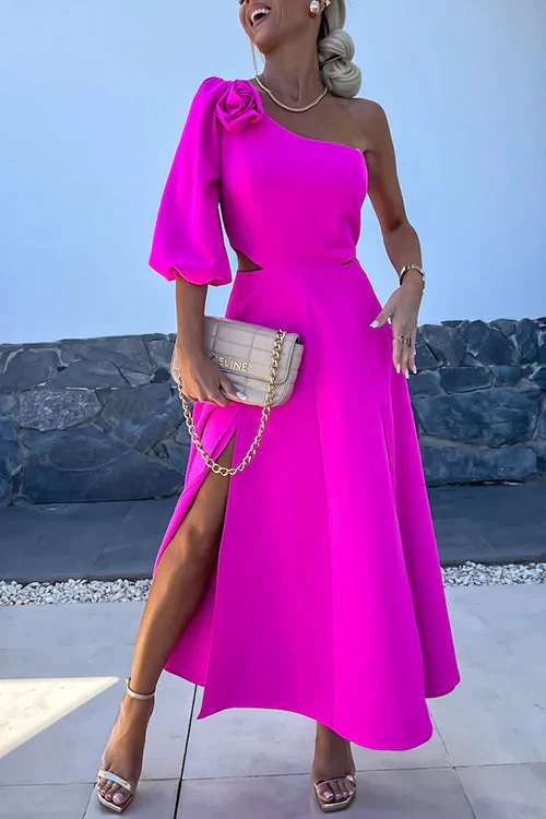 One Shoulder Rose Cutout Midi DressClistos