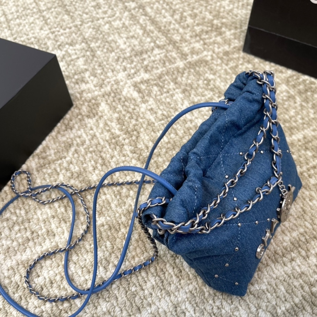 Chanel 22 Mini Handbag Washed Denim Silver Tone Metal Blue 17Cm As3980 B16649 Ny101
