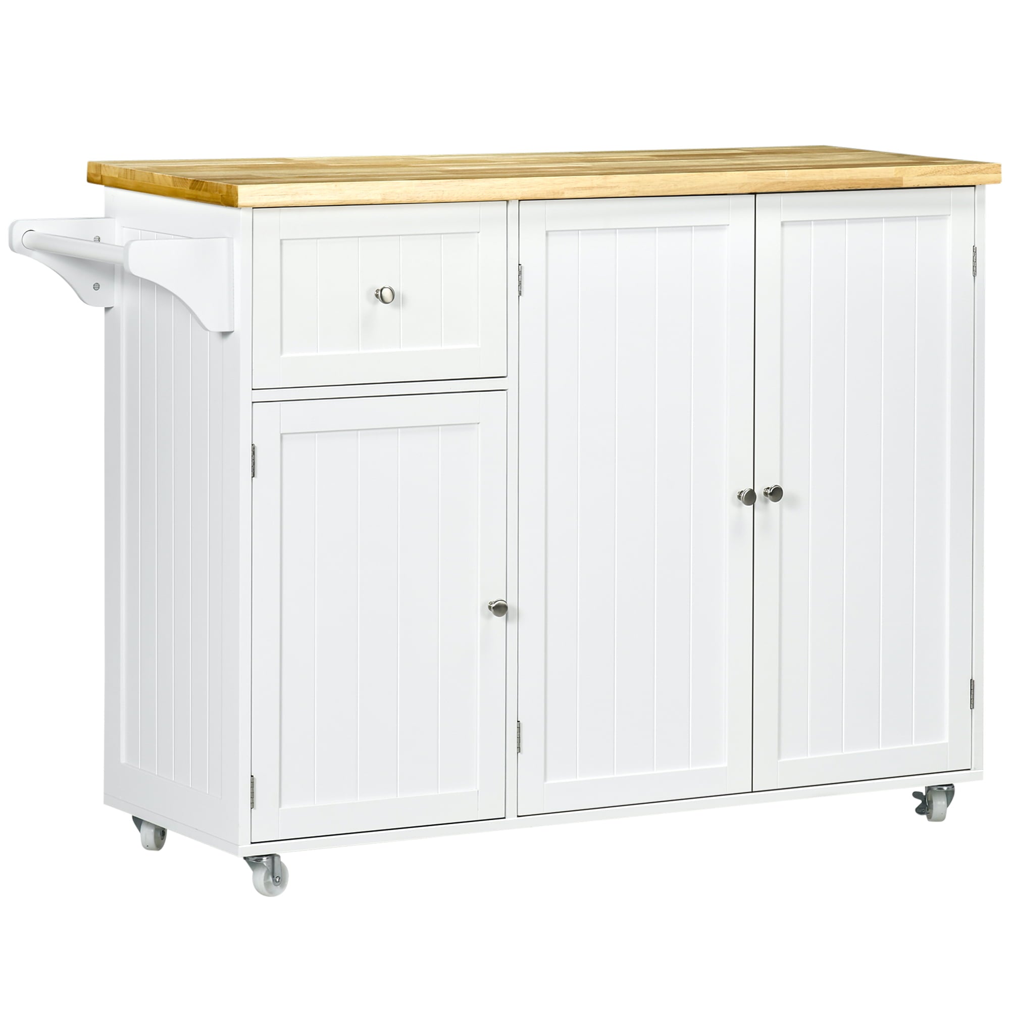 HOMCOM Rolling Kitchen Island on Wheels, Utility Serving Cart with Rubber Wood Top, Towel Rack, Storage Cabinets and Drawer, White