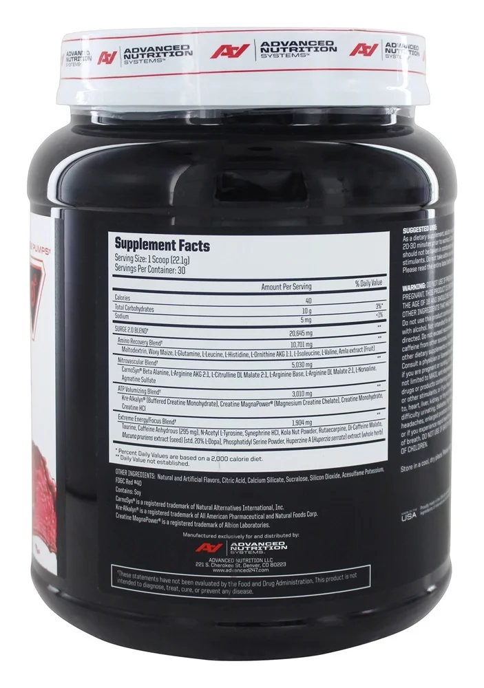 Advanced Nutrition Systems | SURGE  2.0 - Pre Workout Energy Powder; With Alkalyn, Creatine MagnaPower, Carosyn Beta Alanine, Nitric Oxide| Pineapple, 60 servings (Pack of 2)