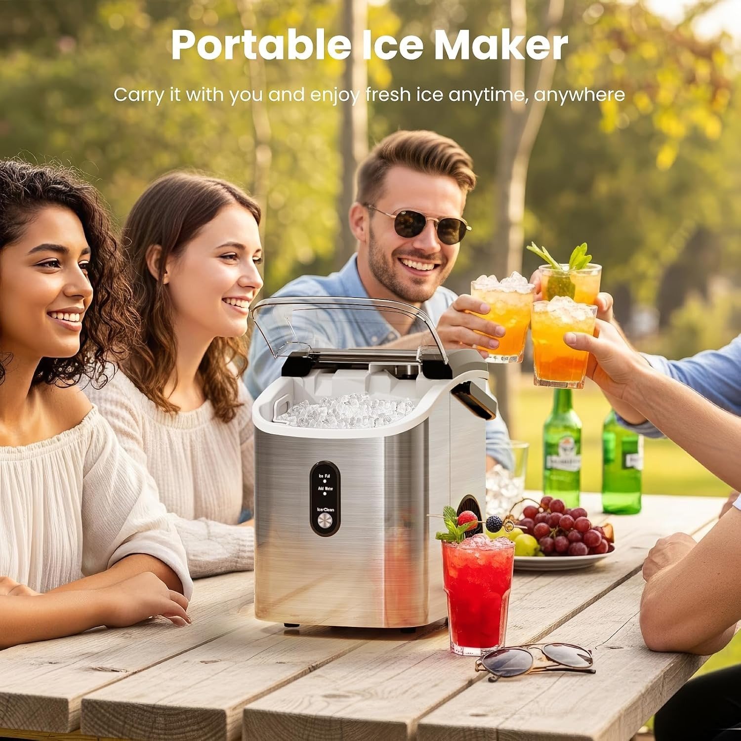 Nugget Ice Makers Countertop with Auto-Cleaning, 35lbs/Day, Portable Sonic Ice Machine with Handle, Basket and Scoop for Home/Kitchen/Office/Camping(Stainless Steel Silver)