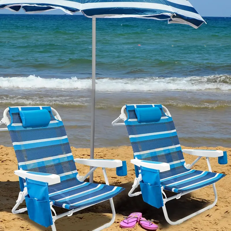 Textilene Beach Chair Duo – 2-Pack 5-Position Folding Recliners with Cooler Bag & Carry Straps