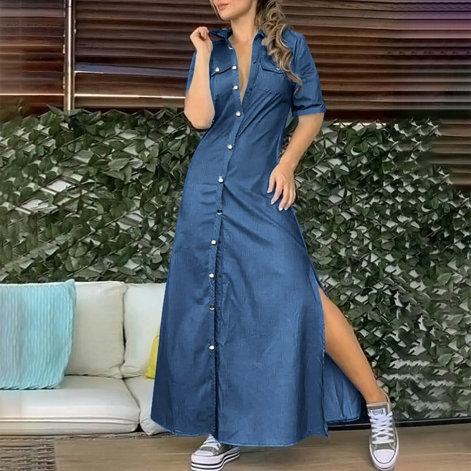 Button-Down Slit Maxi Dress | Casual Denim StyleClistos