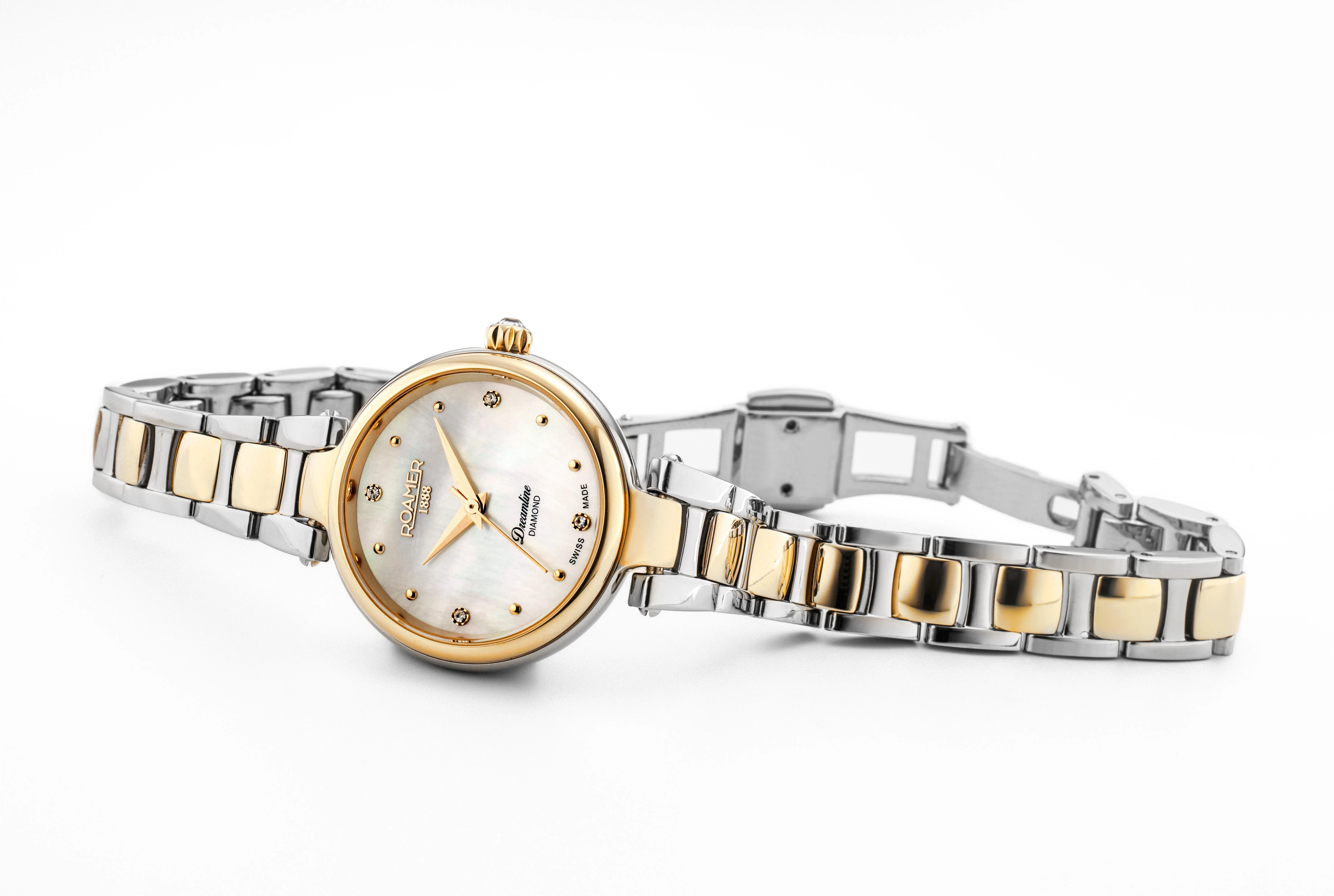 Dreamline Diamonds 28 mm Quartz Three-Hand White Mop Dial Gold-Silver Tone  Bracelet Sapphire glass Stainless Steel swiss watch