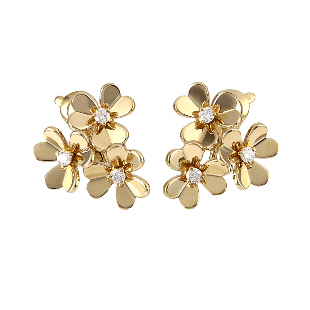 Van Cleef & Arpels Frivole 3 Flower Earrings 18K Yellow Gold Diamond VCARP2DV00