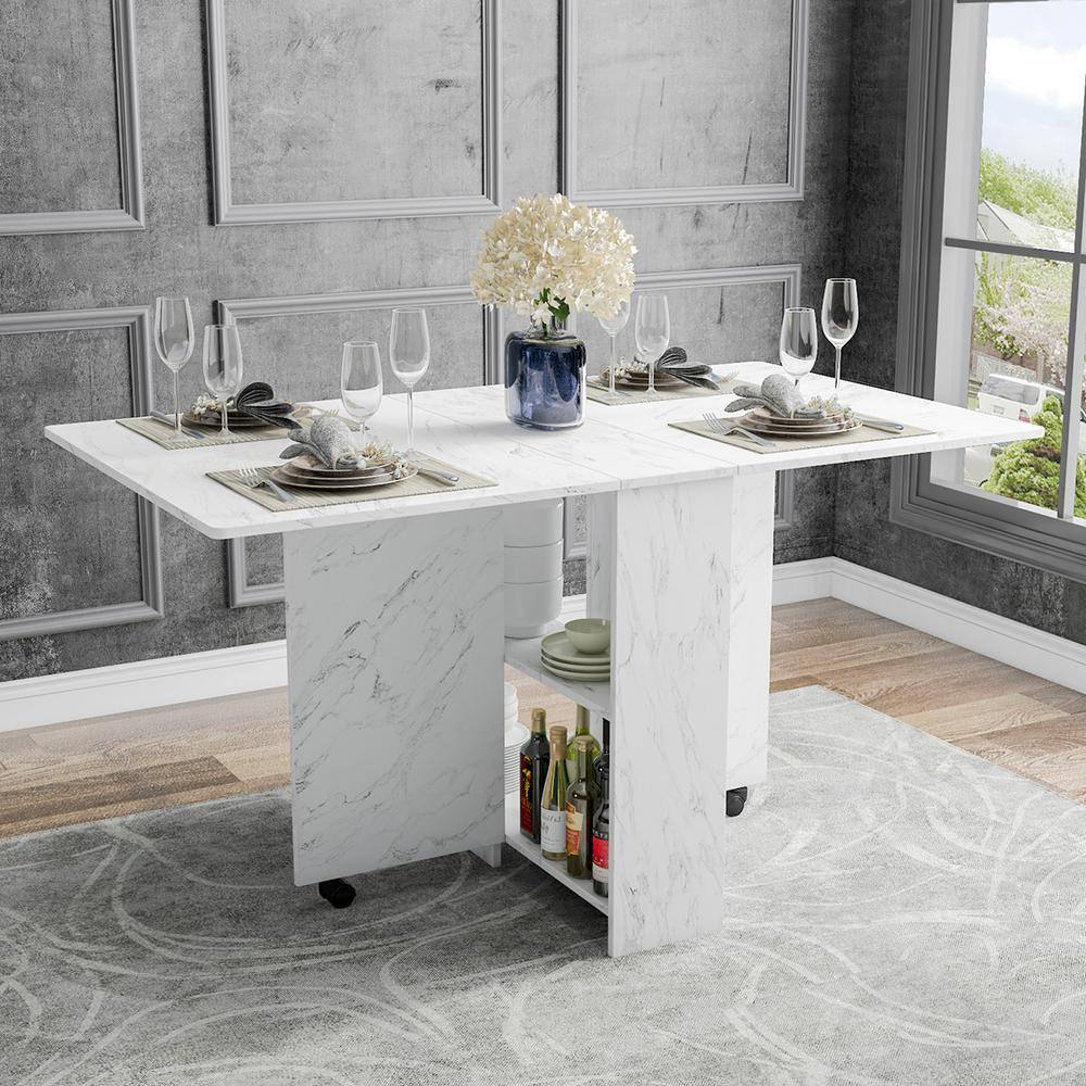Dinaza 55.1 in. Rectangle White Marble Wood Folding Dining Table Drop Leaf Table with 2-Tier Racks with Wheels (Seats 6) POA6809144
