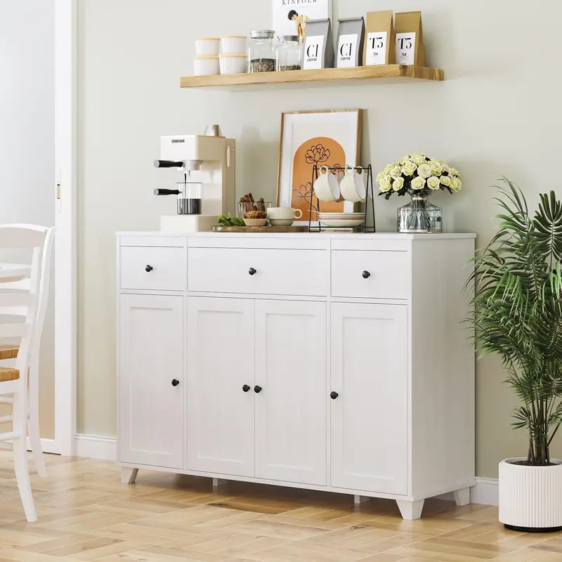 White 47-Inch Sideboard Buffet – Kitchen Storage Cabinet with 3 Drawers, 4 Doors & Adjustable Shelves for Dining or Living Areas