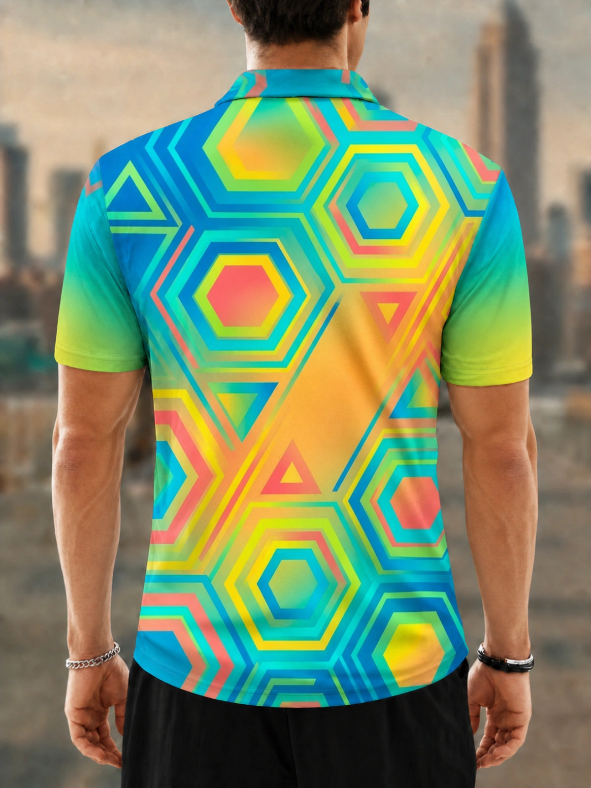 Moisture Wicking Golf Polo 3D Gradient Hexagon Triangle Geometric Button Short Sleeve Golf Polo Shirt