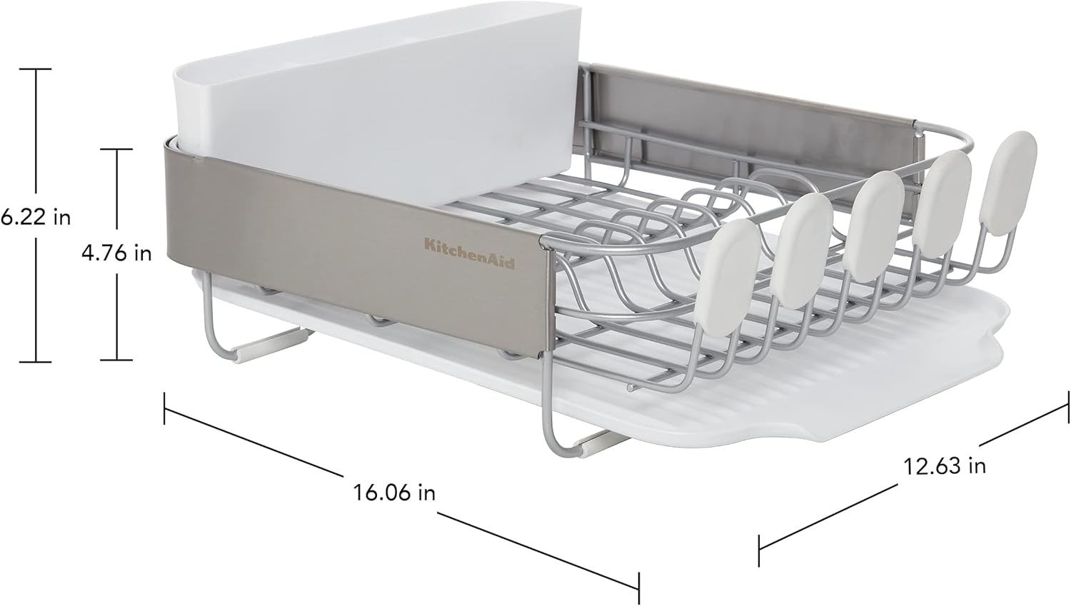 16.06 Inch Compact Stainless Steel Dish Rack Rust Resistant with Drainboard & Flatware Caddy White