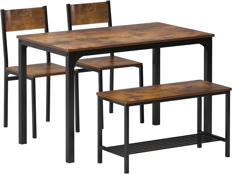 Rustic Brown Space-Saving Dining Set – Table, Two Chairs & Bench (4-Piece)