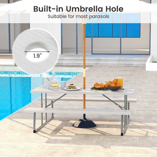 Folding Picnic Table Set with Metal Frame and AllWeather HDPE Tabletop,Umbrella Hole
