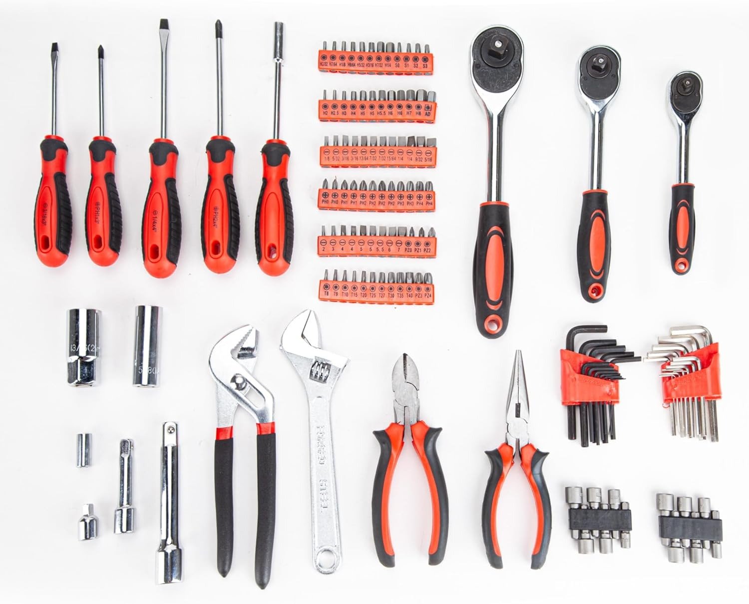 205 Piece Ratchet Wrench Tool Set 1/4′′ & 3/8′′ & 1/2′′ Drive with SAE/Metric Sockets Kit in Plastic Toolbox