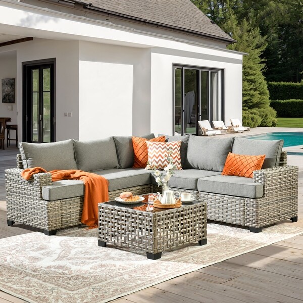 OVIOS 6 Pieces T shaped Seat Wide Armrest Set With SolarPowered Coffee Table