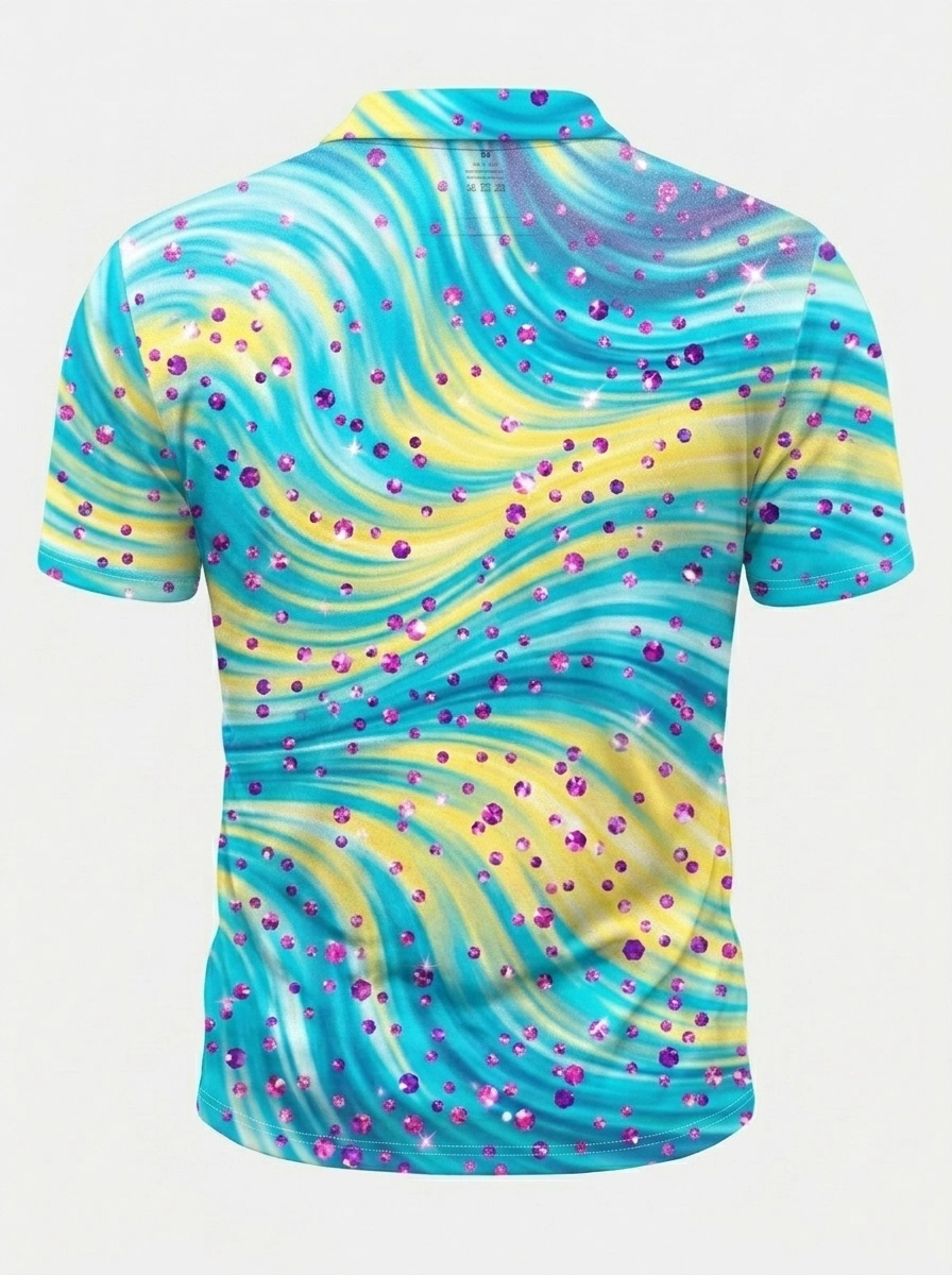 Moisture Wicking Golf Polo 3D Blue Yellow Swirl Purple Gem Button Short Sleeve Golf Polo Shirt