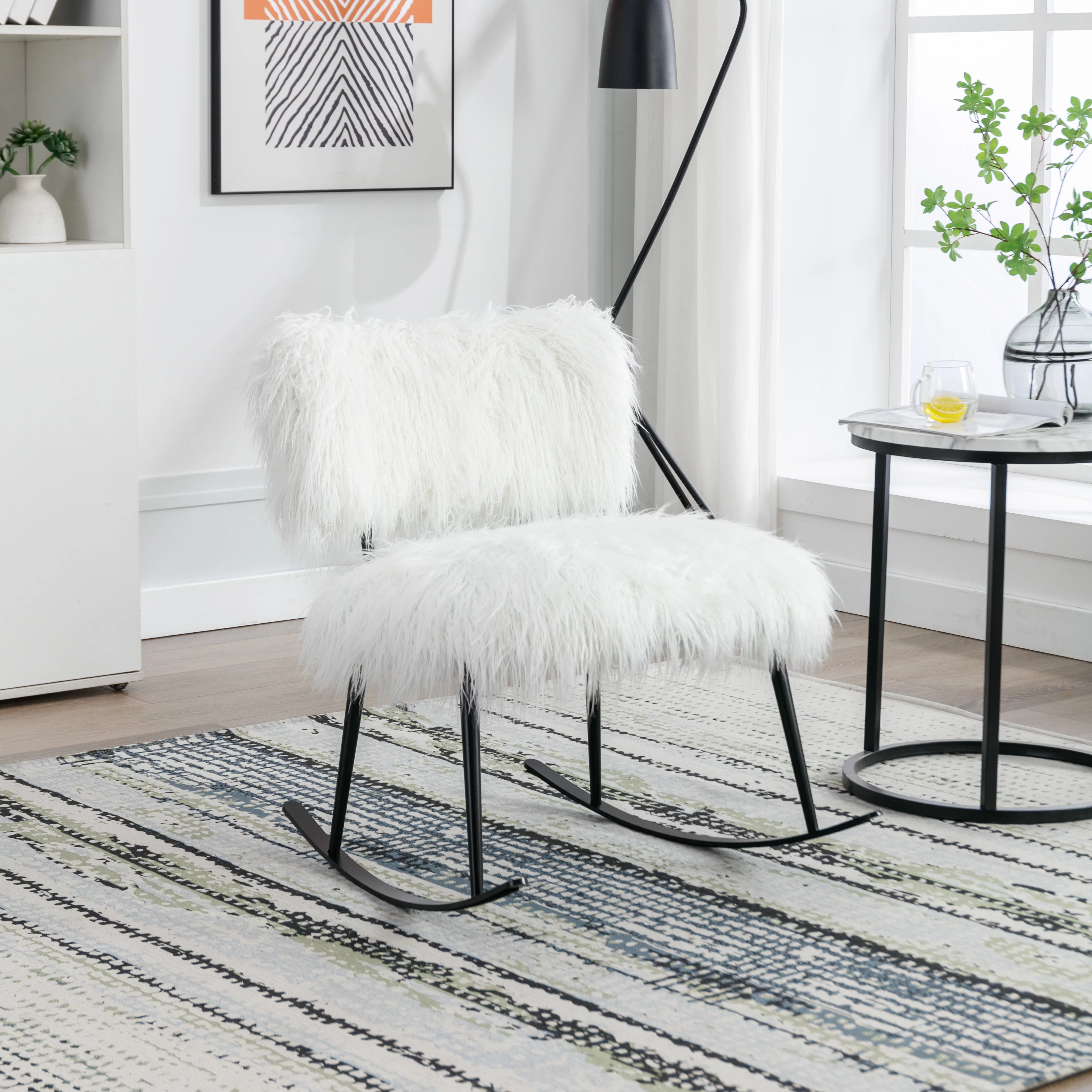 paproos 25.2'' Wide Faux Fur Plush Nursery Rocking Chair, Baby Nursing Chair with Metal Rocker, Fluffy Upholstered Glider Chair, Comfy Mid Century Modern Chair for Living Room, Bedroom, White