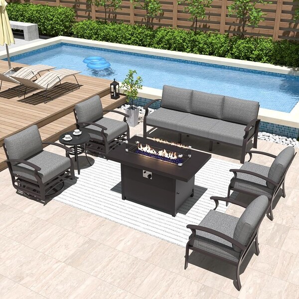 Kullavik Aluminum Outdoor Patio Furniture with Curved Armrests and Firepit Table