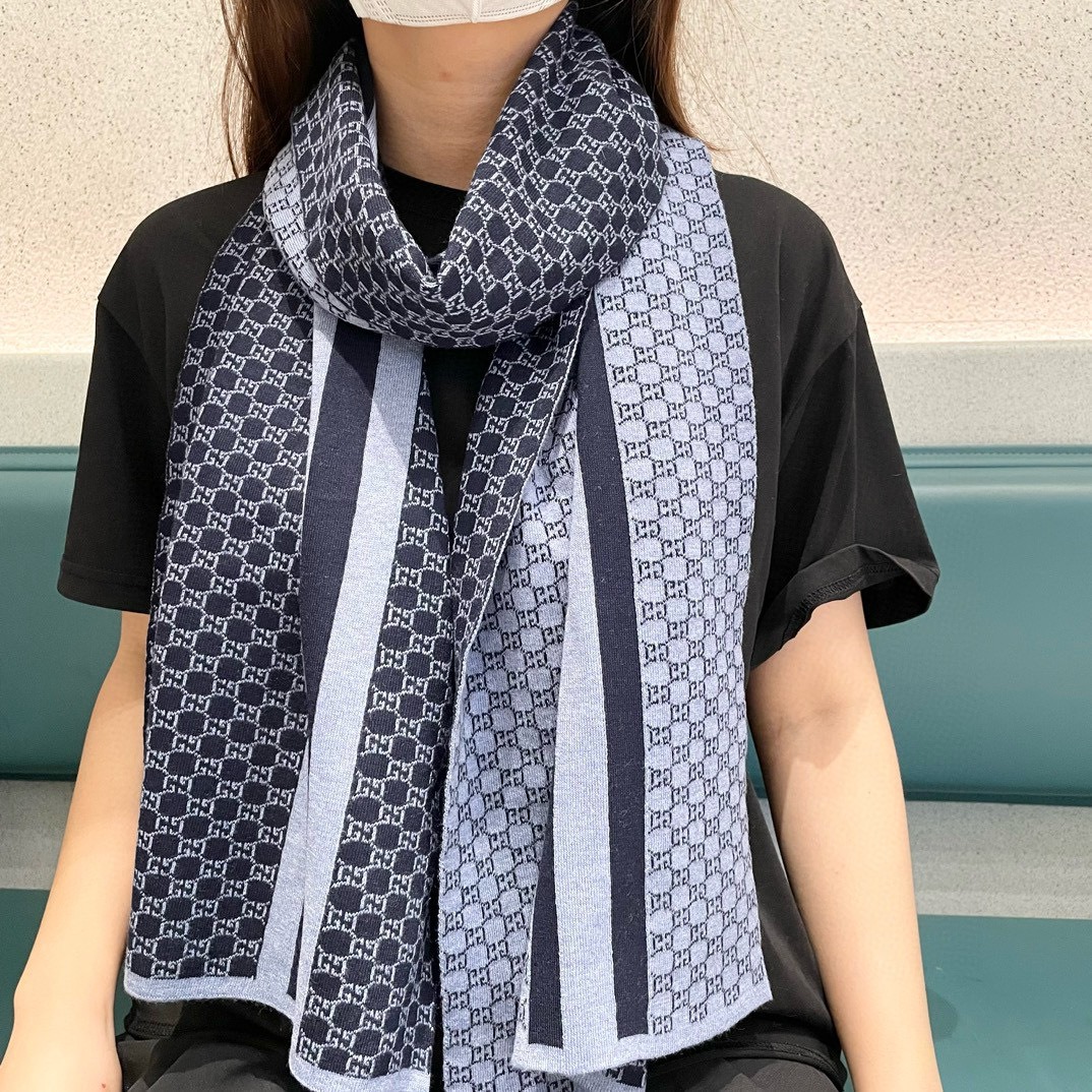 Gucci Cashmere Scarf Pattern Blue For Women 180cm
