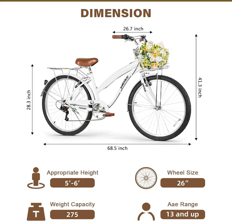 WEIZE 26″ Beach Cruiser Bike – 7-Speed Commuter Bicycle with Fenders, Rear Rack, Ergonomic Upright Posture