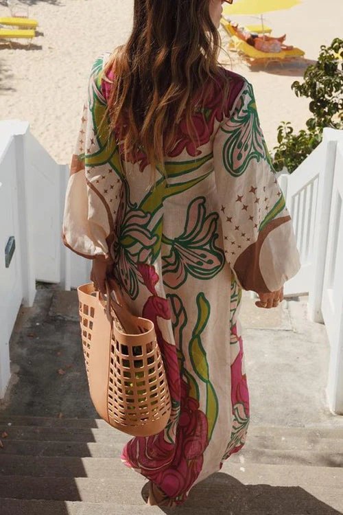 Floral Print Wrap Maxi Dress with Balloon SleevesClistos