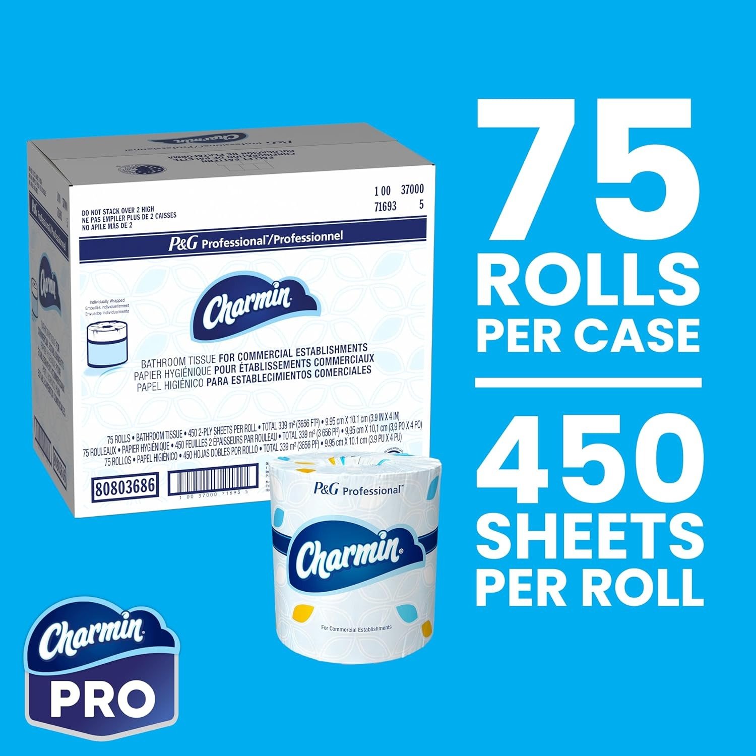 2-Ply Commercial Toilet Paper, Bulk Case of 75 Rolls, 450 Sheets Per Roll for Business