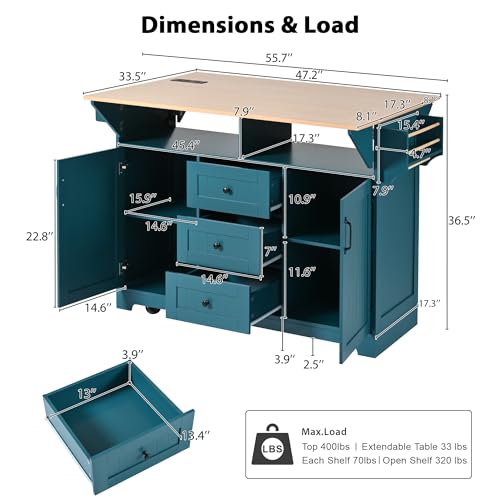 SOFTSEA Rolling Kitchen Island on 5 Wheels with 2 Drop Leaf, Kitchen Island Cart with Power Outlet and 3 Drawers, Folding Storage Dining Table with Spice Rack & Towel Rack for Living Room, Green