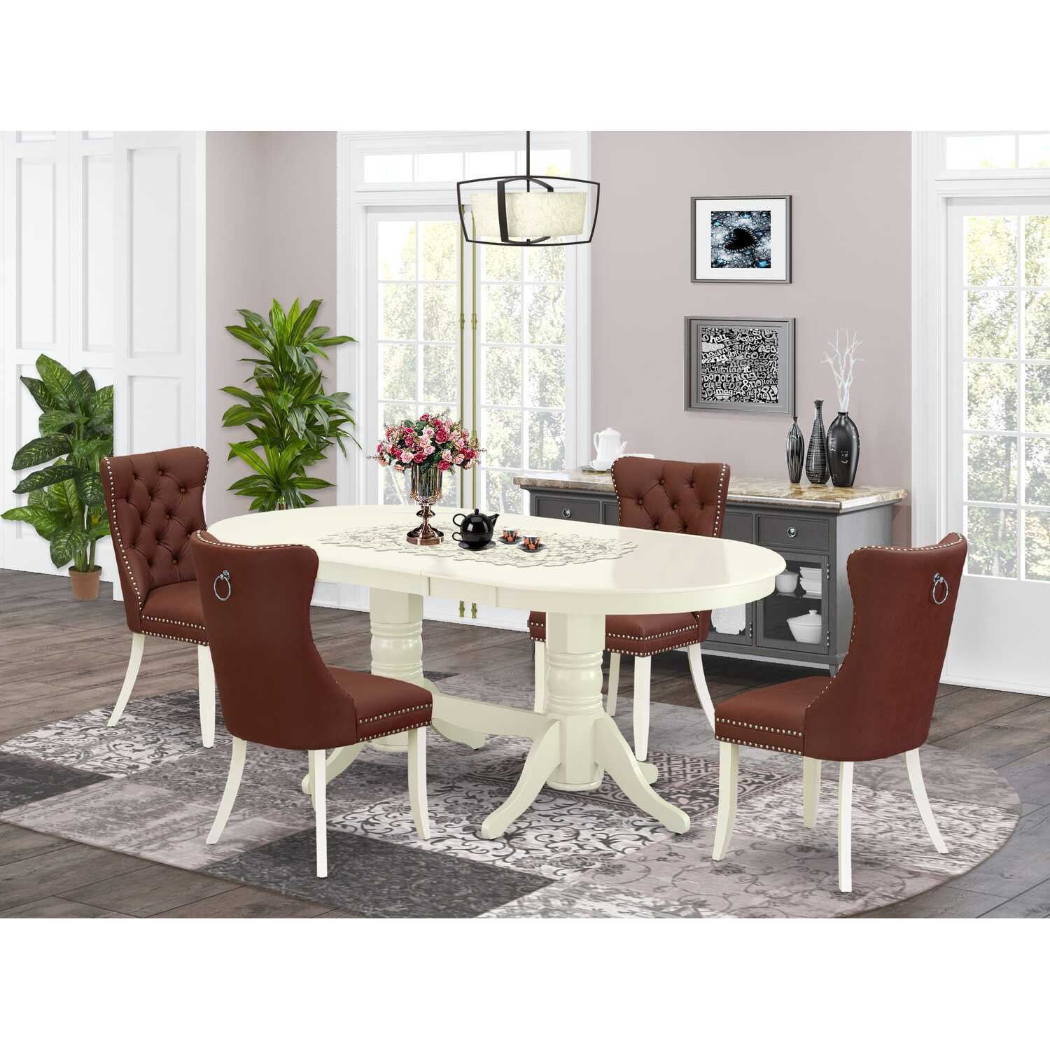 HomeStock 5 Piece Dinette Set Contains An Oval Dining Table With Classic Comfort Leaf And 4 Upholstered Chairs, Linen White