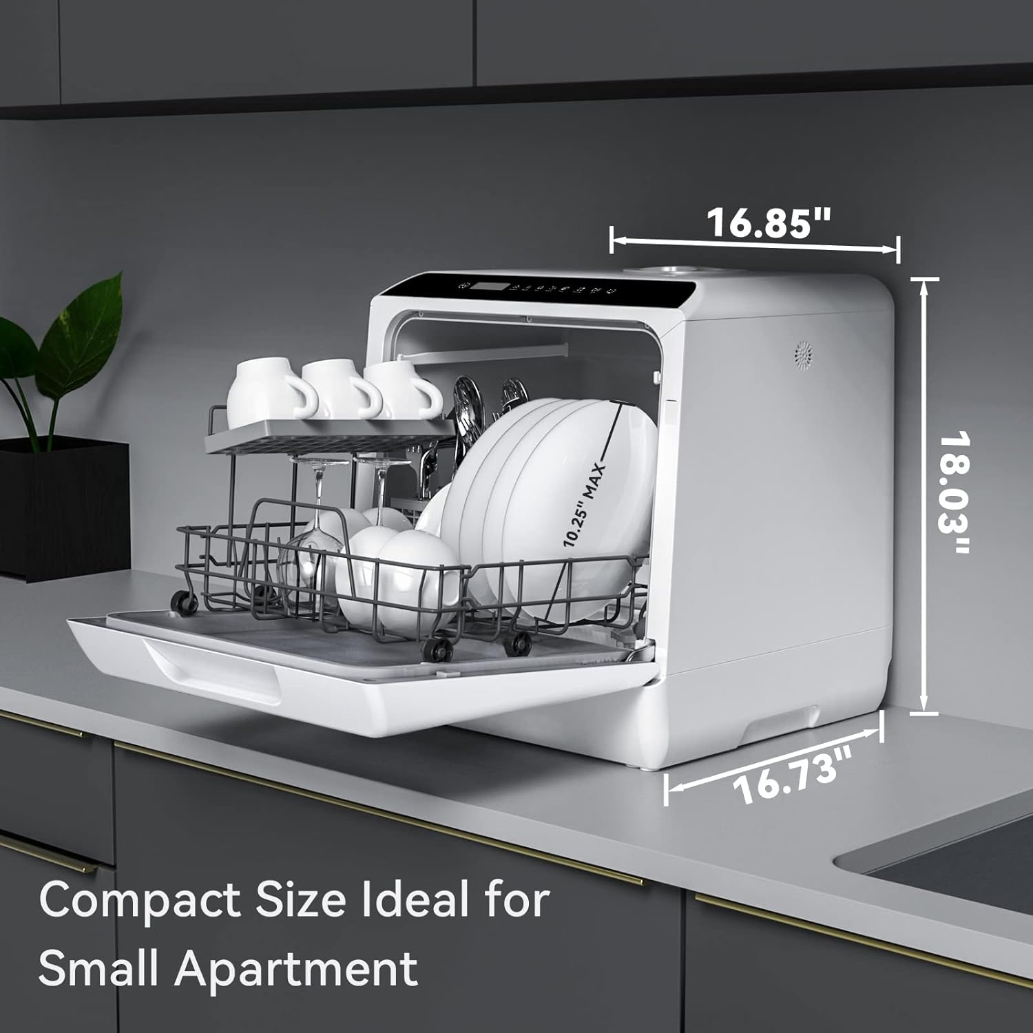 Countertop dishwasher, 5 wash program portable dishwasher, 5 litre built-in glass door tank
