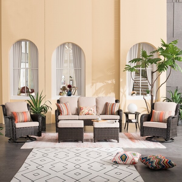 OVIOS 6piece Rattan Wicker Patio Furniture Set Swivel Gliding Chair Set