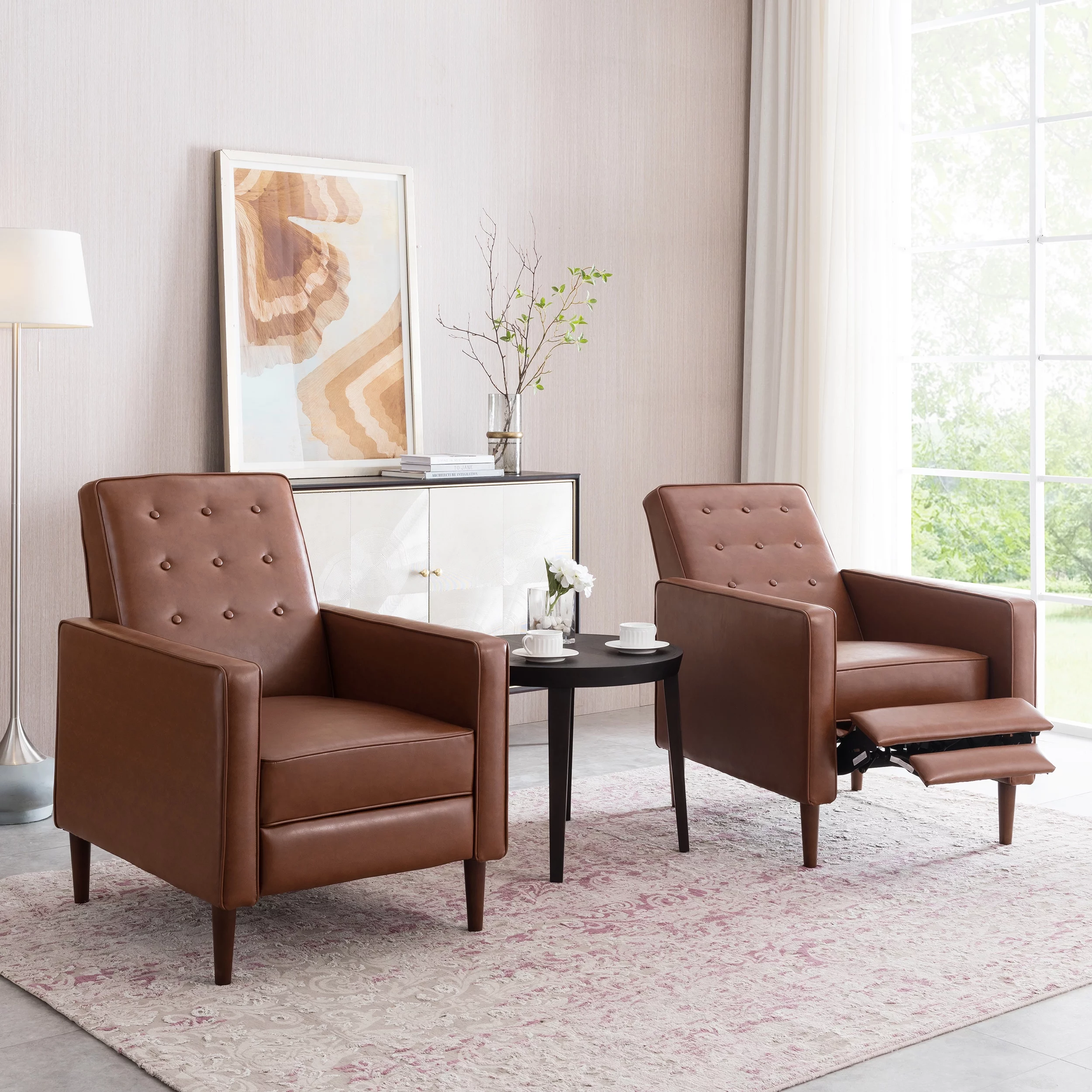 GDF Studio Mason Mid Century Modern Tufted Pushback Recliners, Set of 2, Cognac Brown and Dark Espresso