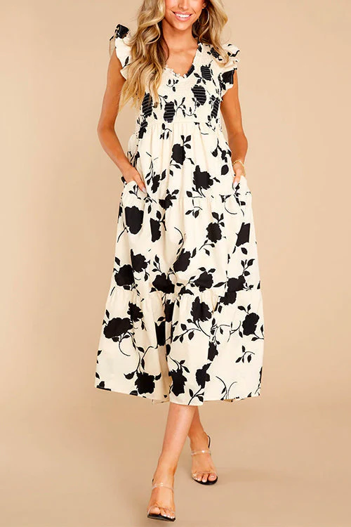 Floral Ruffle Midi Dress with PocketsClistos