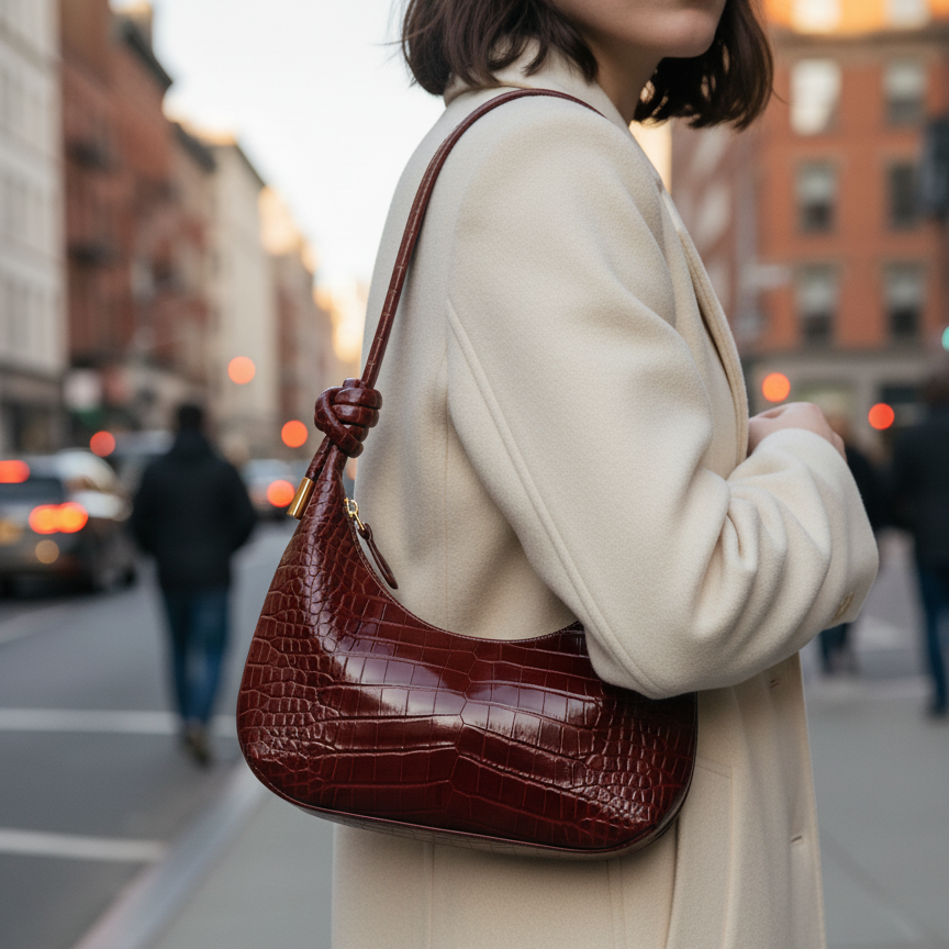 Burgundy Croc-Embossed Hobo Bag with Knot Strap