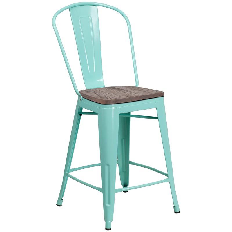 24x22 High Metal Counter Height Stool with Back and Wood Seat Mint Green
