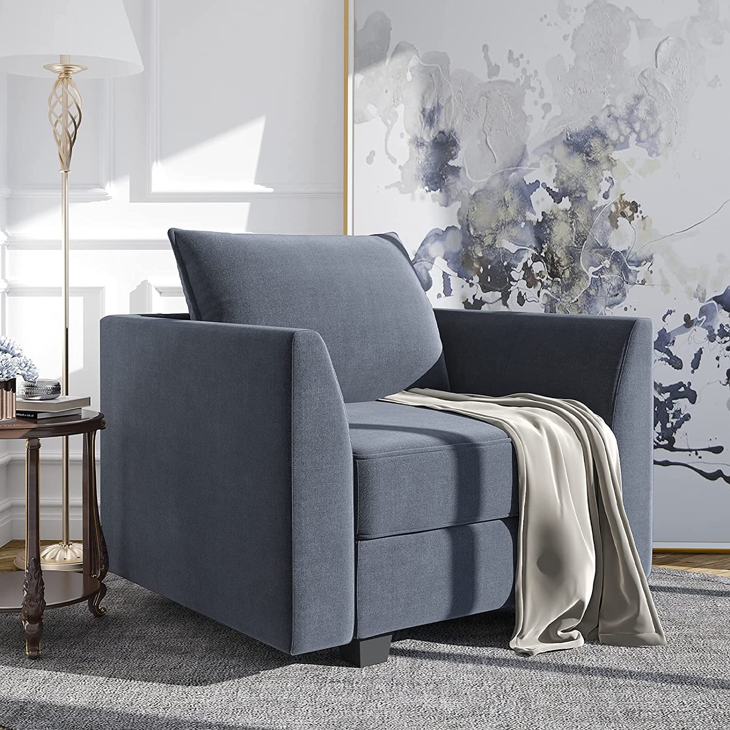 HONBAY Upholstered Fabric Accent Chair Leisure Chairs w/ Pillow, Bluish Gray