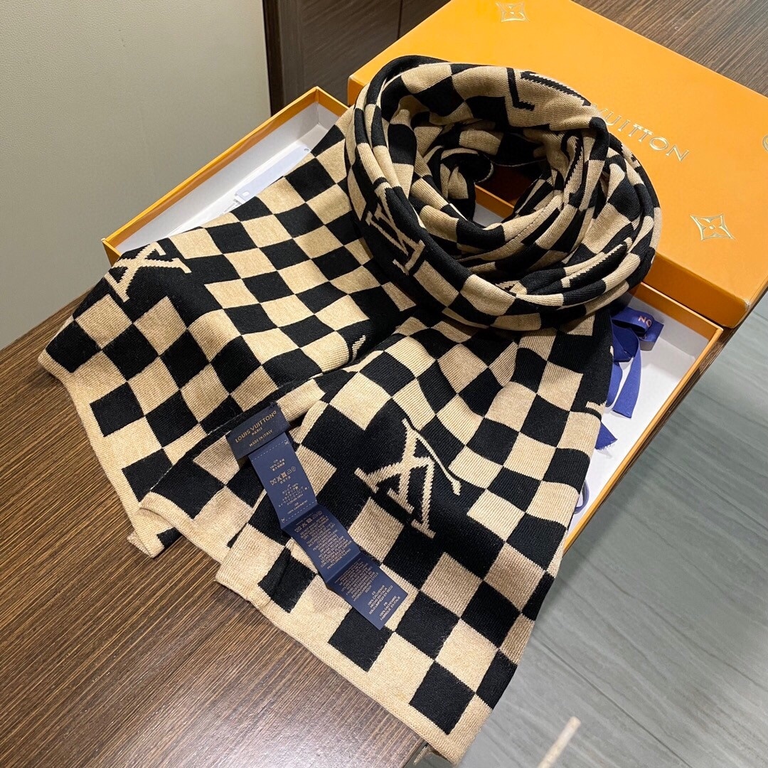 Louis Vuitton Monogram Cashmere Jacquard Scarf Beige-Black For Women 200cm
