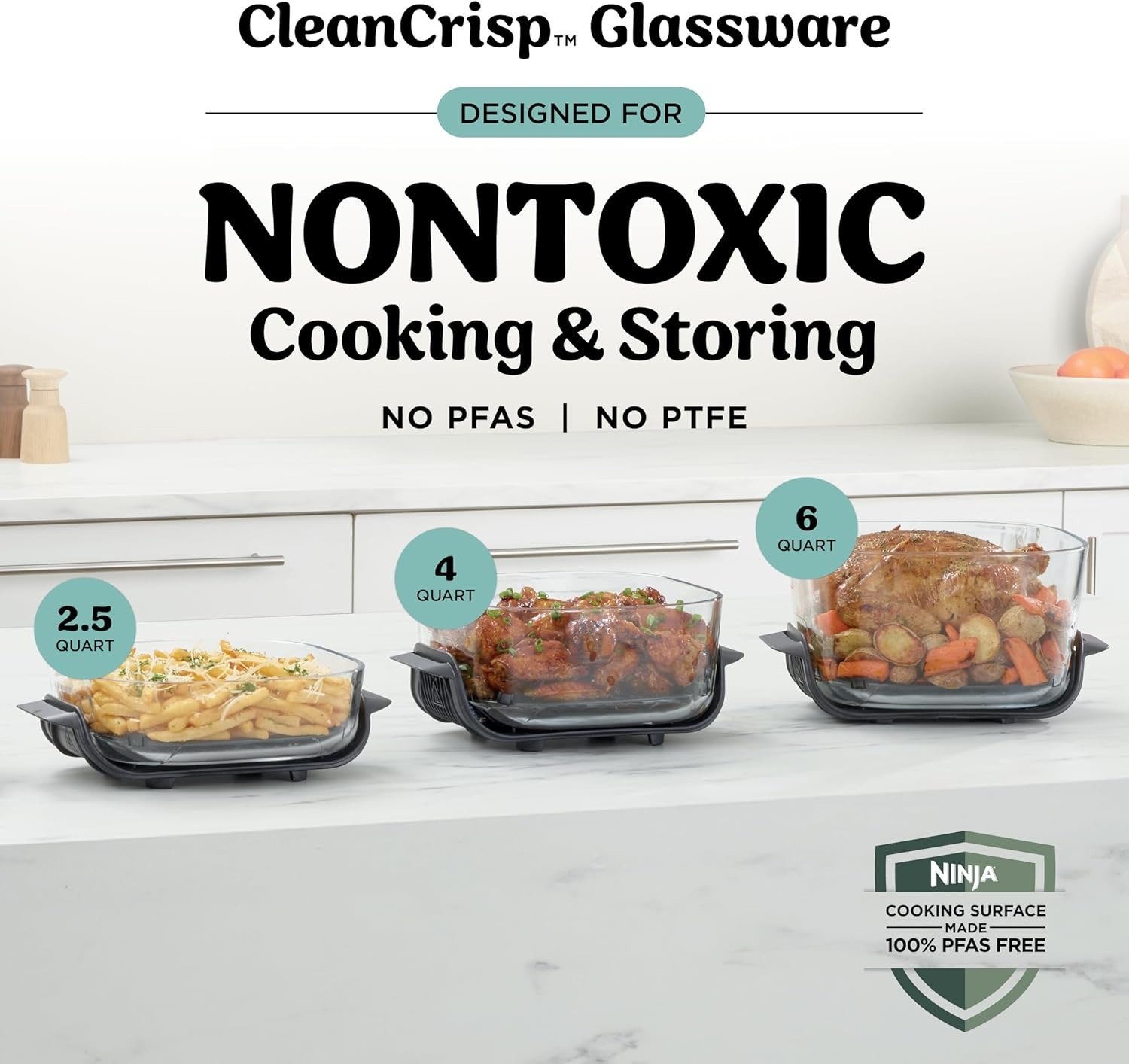 6-in-1 Glass Air Fryer | 450°F, Nontoxic, 6qt & 2.5qt Containers & Lids | Microwave, Freezer, Dishwasher Safe | Max Crisp, Air Fry, Bake, Roast, Recrisp, Dehydrate