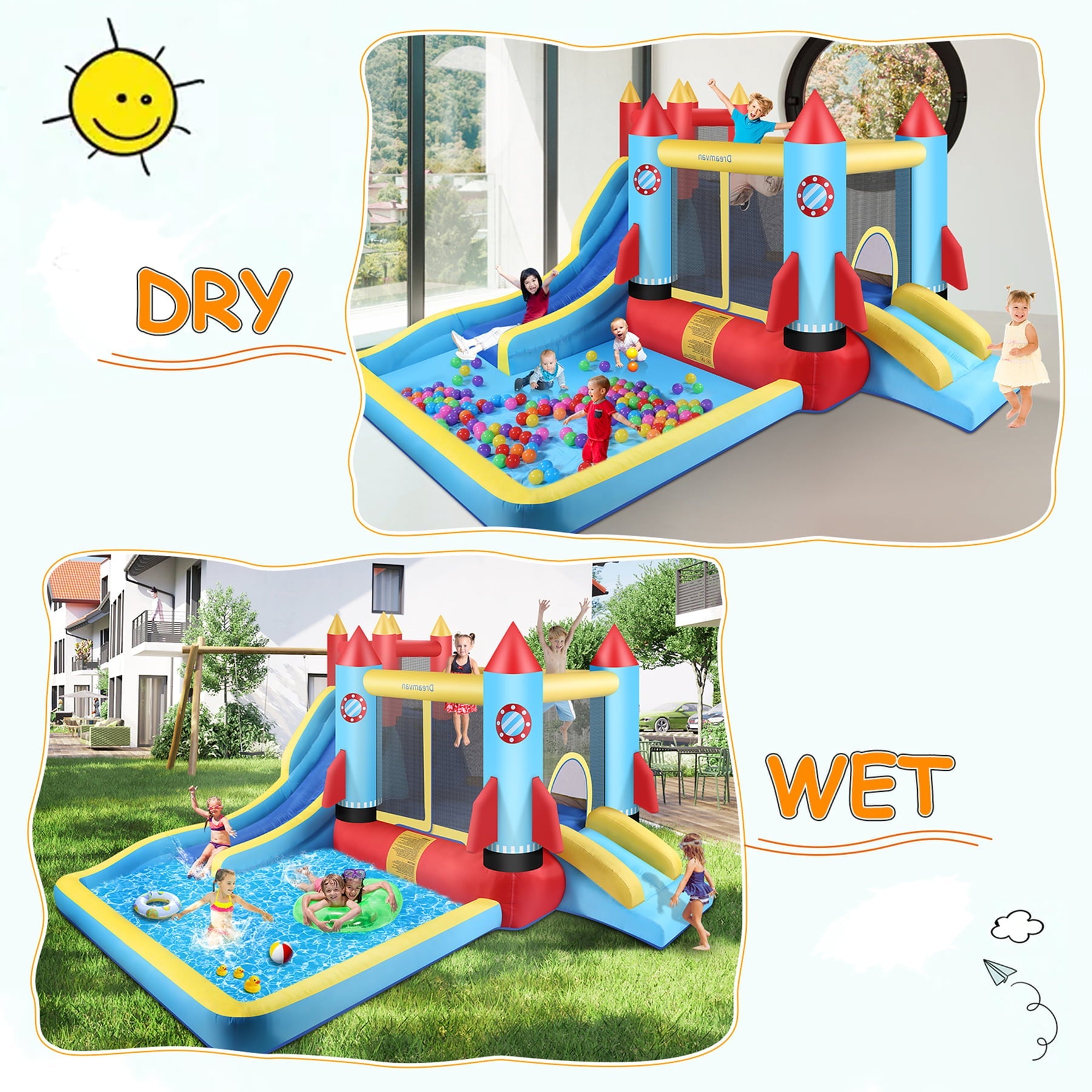 Inflatable Bounce House with Blower Children Bouncer with Large Bounce Area, 2 Slides, Climbing Wall, Play Pool, Water Slide, Park/Castle Theme