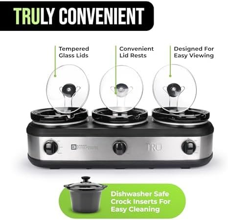 Triple Buffet Server – Three 2.5 Quart Removable Crock Inserts – Slow Cooker & Food Warmer with Individual Heat Control – Includes Lid Rests & Serving Spoons