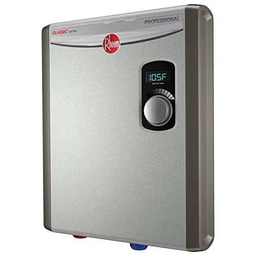 Rheem RTE-18 Tankless Electric Water Heater – 18kW, 240V, Compact Gray Unit, Energy-Efficient On-Demand Heating