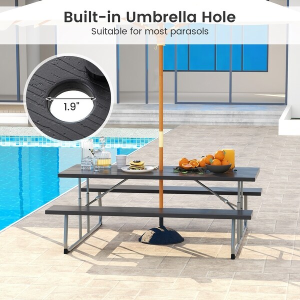 Folding Picnic Table Set with Metal Frame and AllWeather HDPE Tabletop,Umbrella Hole