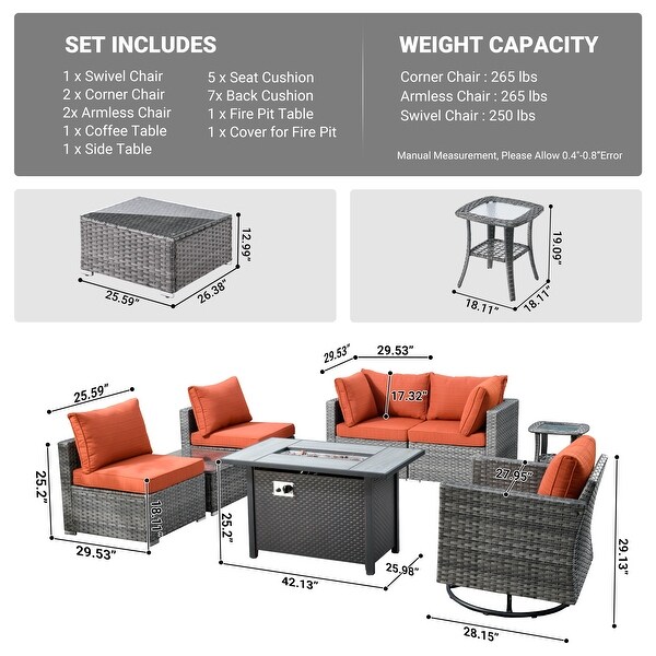 HOOOWOOO 8piece Rattan Wicker Patio Furniture Set with Fire Pit
