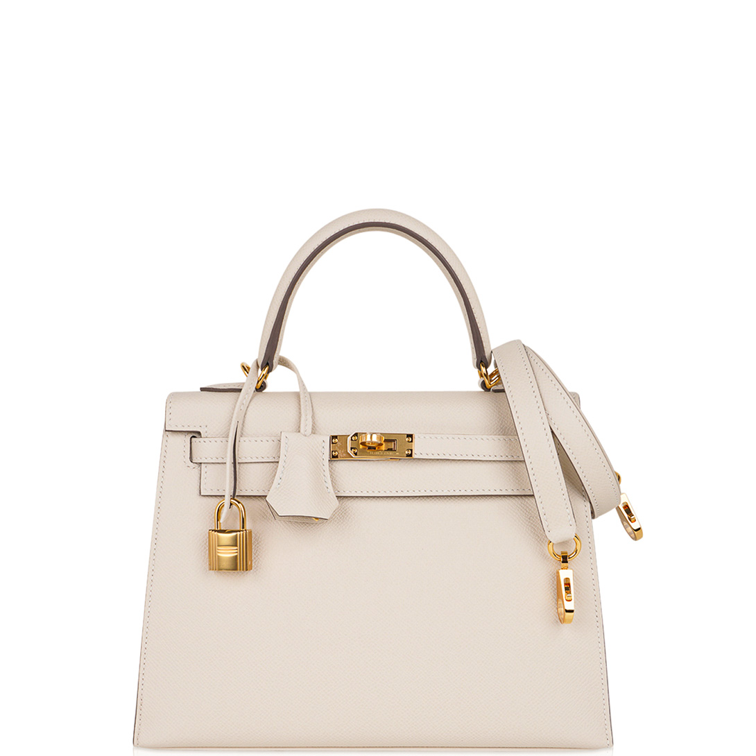 HERMES Kelly 25 Gold Hardware Epsom Calfskin in Craie