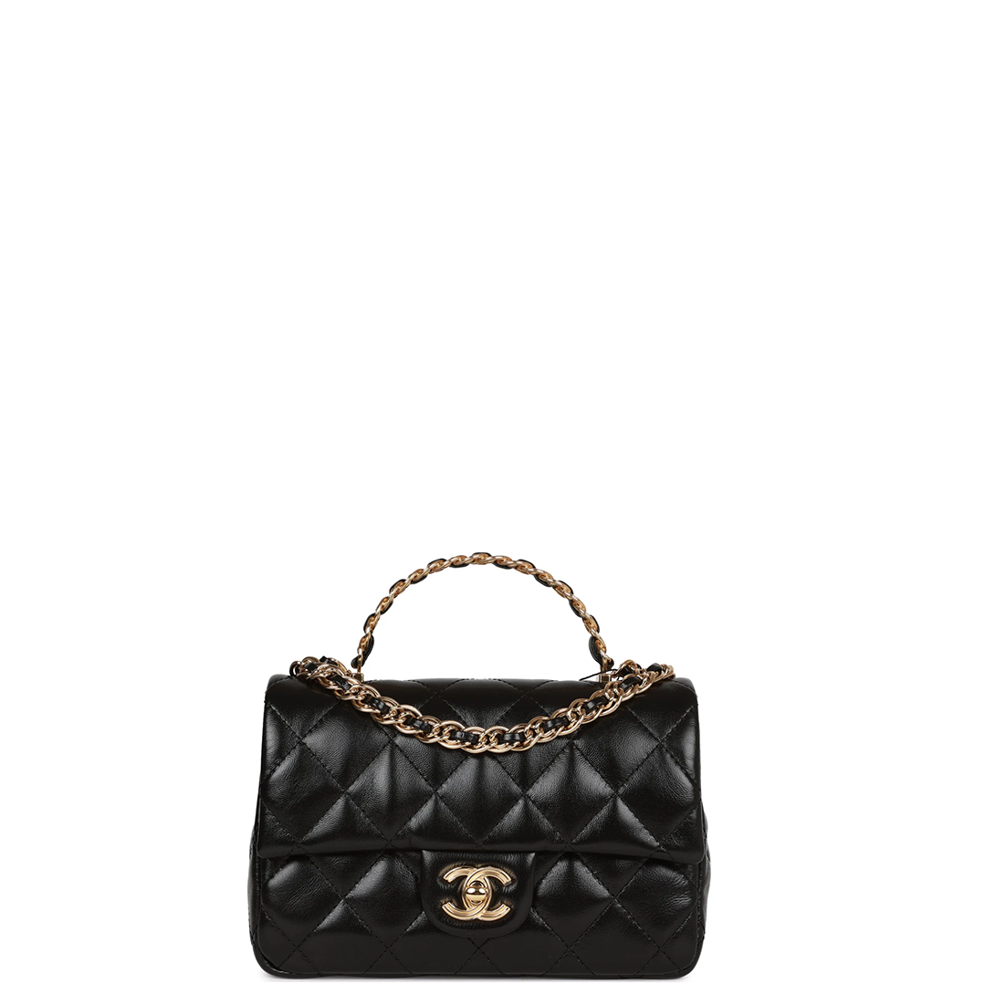 Chanel Mini Rectangular Flap with Top Handle Black Lambskin Gold Hardware